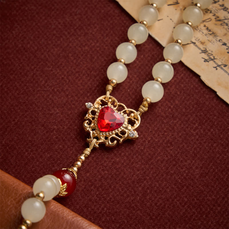 Cream Glass Bead Rosary with Ruby Red Accent Beads & Sacred Heart Medal & Jeweled Crucifix