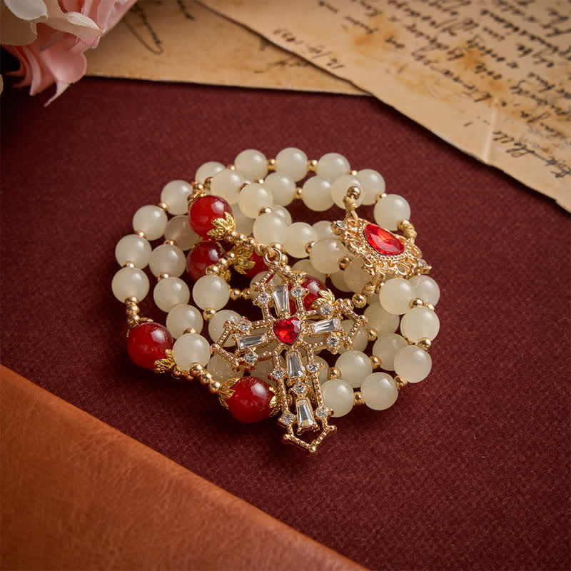 Cream Glass Bead Rosary with Ruby Red Accent Beads & Sacred Heart Medal & Jeweled Crucifix