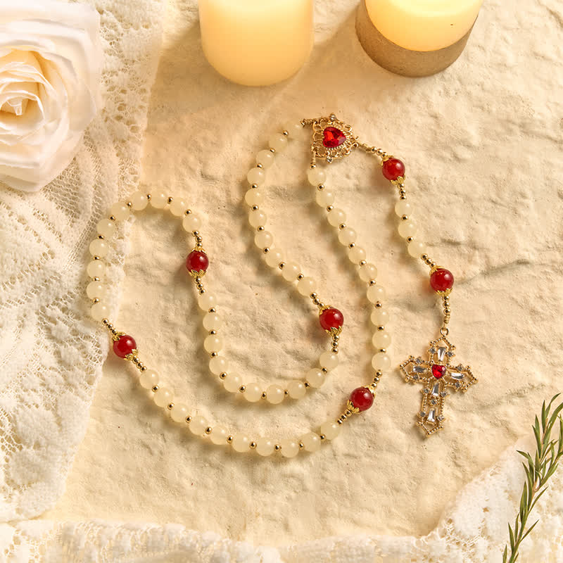 Cream Glass Bead Rosary with Ruby Red Accent Beads & Sacred Heart Medal & Jeweled Crucifix