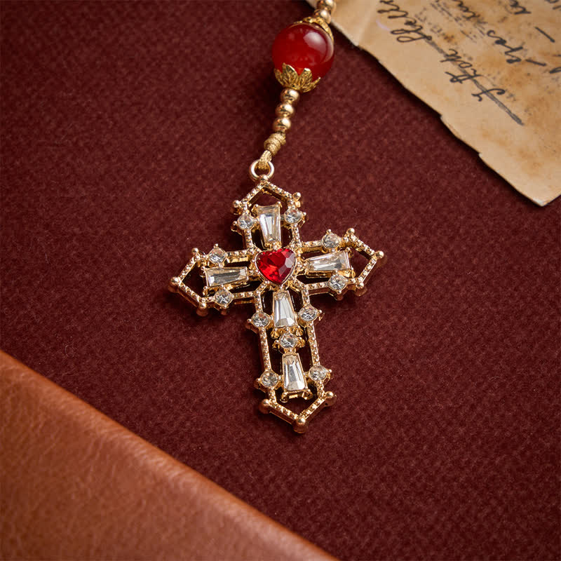 Cream Glass Bead Rosary with Ruby Red Accent Beads & Sacred Heart Medal & Jeweled Crucifix