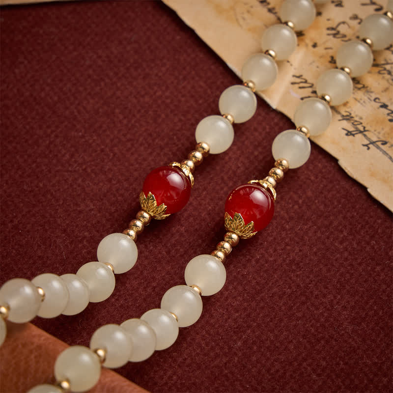 Cream Glass Bead Rosary with Ruby Red Accent Beads & Sacred Heart Medal & Jeweled Crucifix