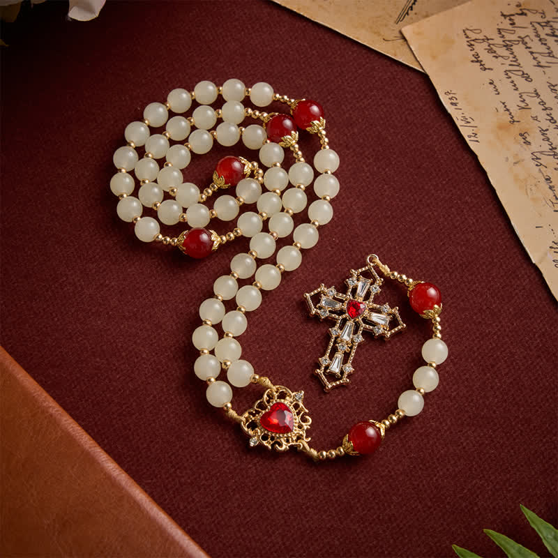 Cream Glass Bead Rosary with Ruby Red Accent Beads & Sacred Heart Medal & Jeweled Crucifix