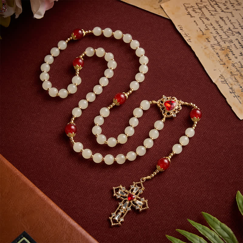 Cream Glass Bead Rosary with Ruby Red Accent Beads & Sacred Heart Medal & Jeweled Crucifix