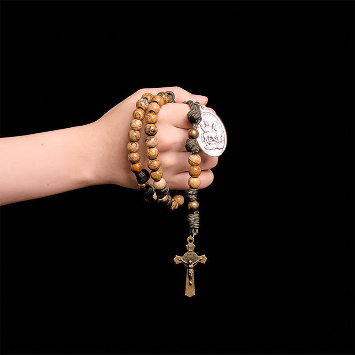 Earthy Picture Stone Paracord Rosary With St. George Medal & Antique Crucifix