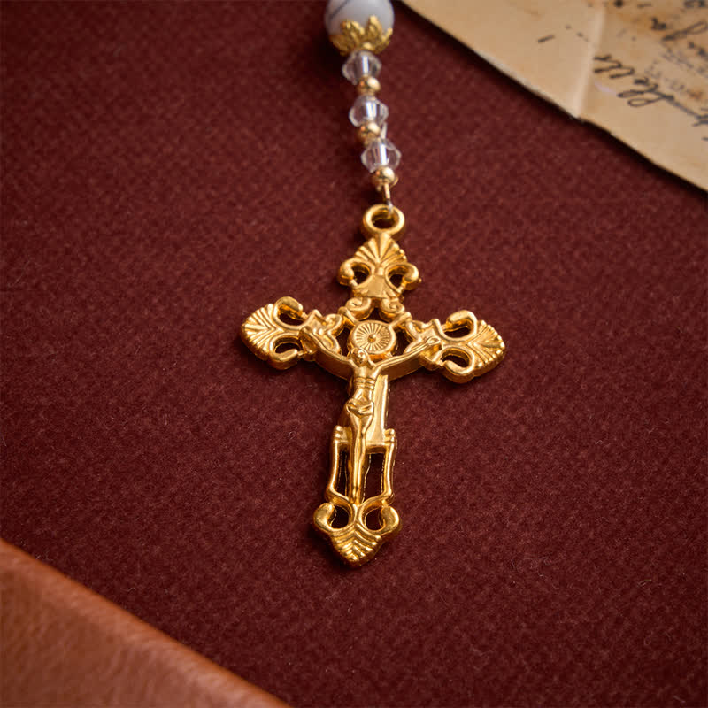 White Veined Howlite Stone Rosary With Our Lady Medal & Golden Crucifix