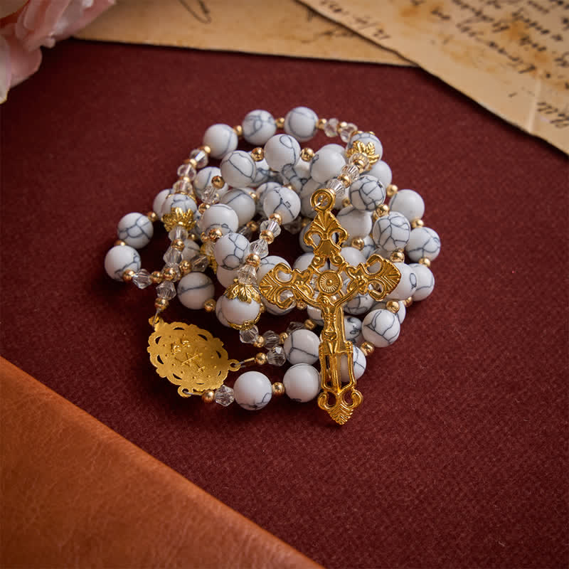 White Veined Howlite Stone Rosary With Our Lady Medal & Golden Crucifix