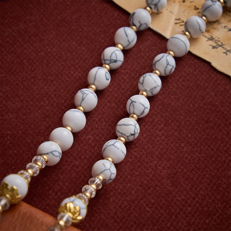 White Veined Howlite Stone Rosary With Our Lady Medal & Golden Crucifix