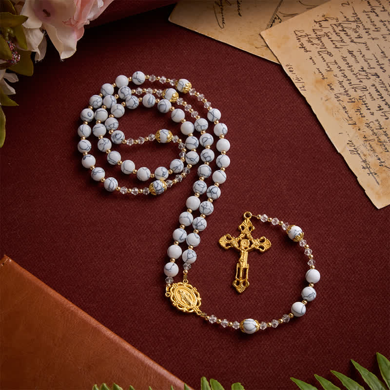 White Veined Howlite Stone Rosary With Our Lady Medal & Golden Crucifix