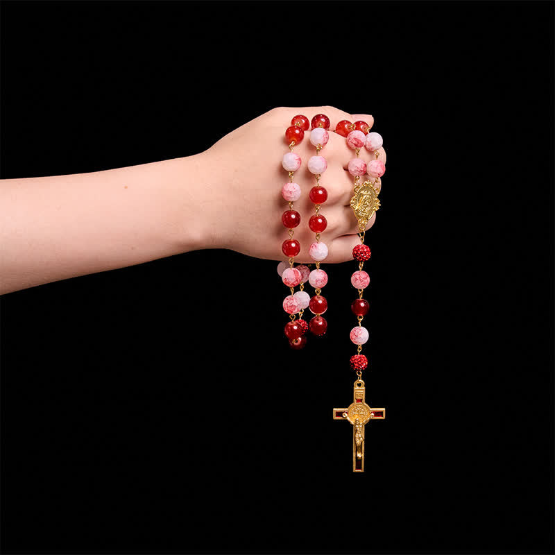 Festive Red & Frosted Crackle Glass Rosary With Our Lady Medal & Red Crucifix