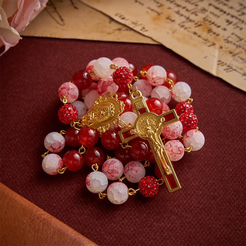 Festive Red & Frosted Crackle Glass Rosary With Our Lady Medal & Red Crucifix