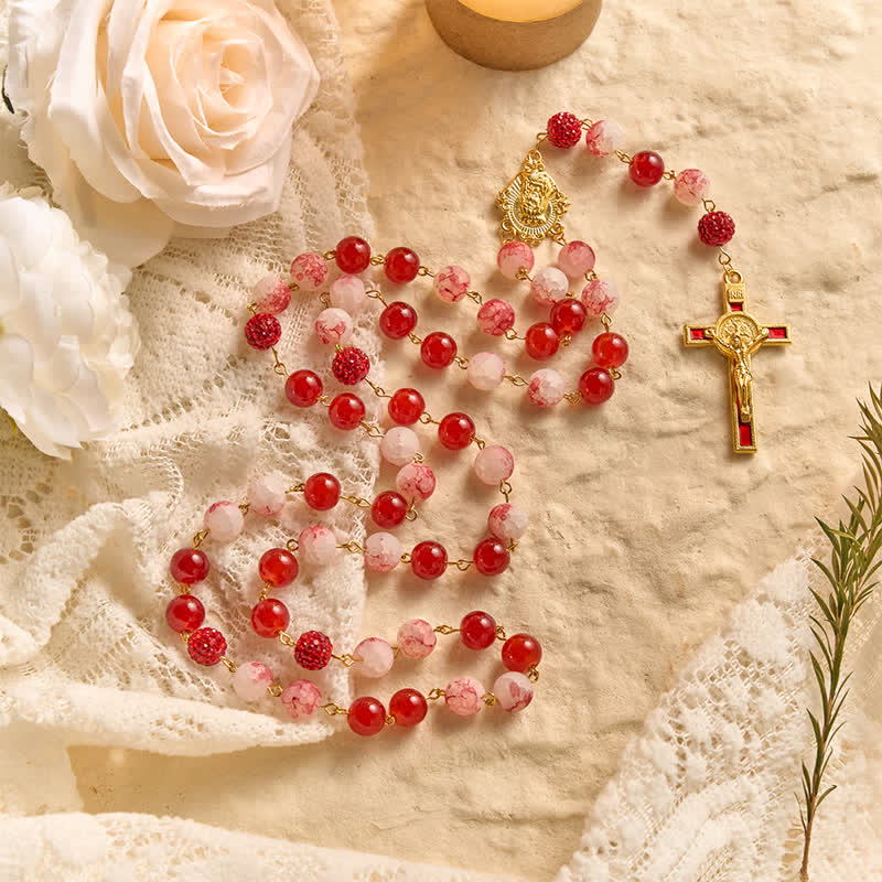 Festive Red & Frosted Crackle Glass Rosary With Our Lady Medal & Red Crucifix
