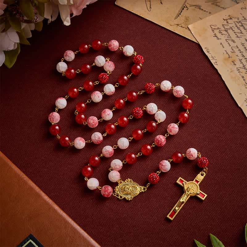 Festive Red & Frosted Crackle Glass Rosary With Our Lady Medal & Red Crucifix