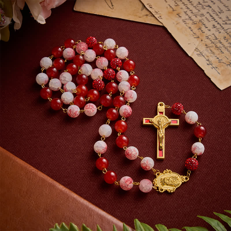Festive Red & Frosted Crackle Glass Rosary With Our Lady Medal & Red Crucifix