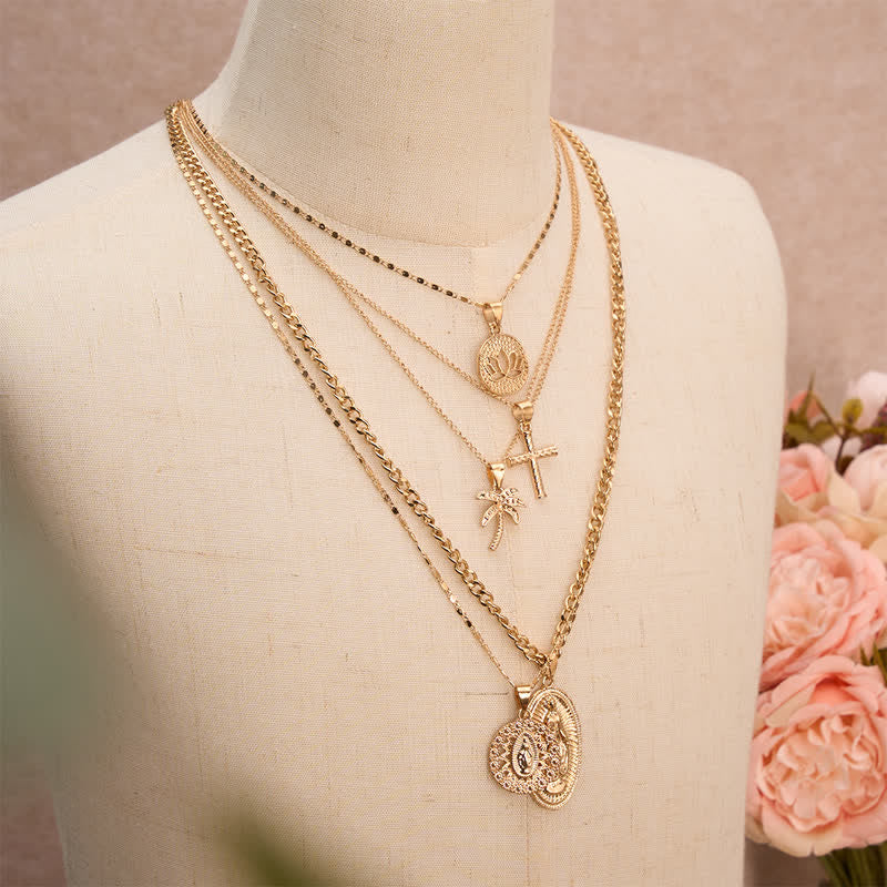 Ornate Jeweled Our Lady & Cross Layered Necklace: Token of Divine Guardianship