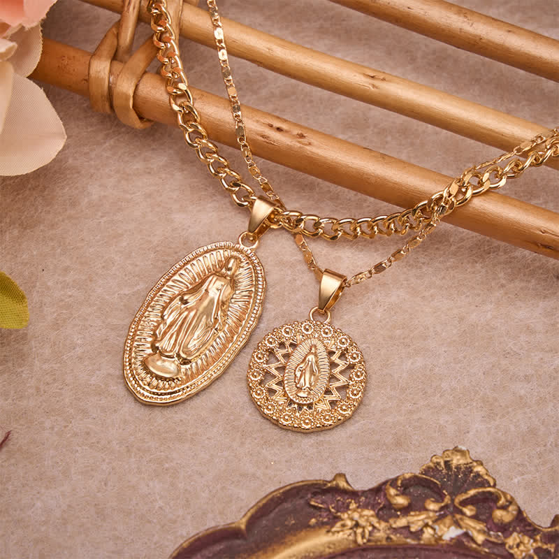 Ornate Jeweled Our Lady & Cross Layered Necklace: Token of Divine Guardianship