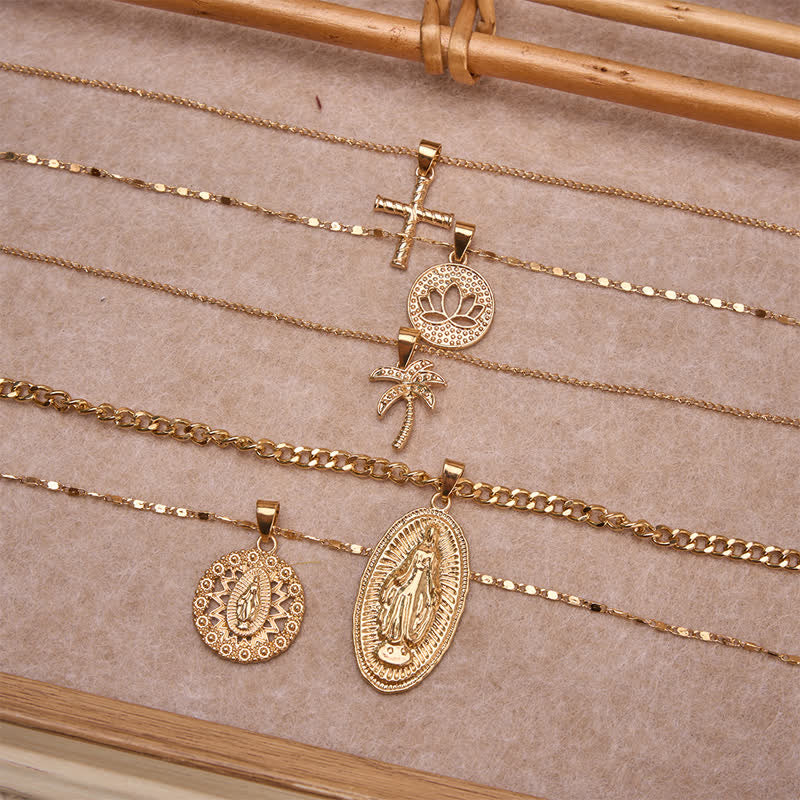 Ornate Jeweled Our Lady & Cross Layered Necklace: Token of Divine Guardianship