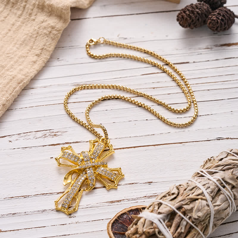 Luxe Jeweled Hollow Cross Box Chain Necklace: Icon of Quiet Heavenly Serenity