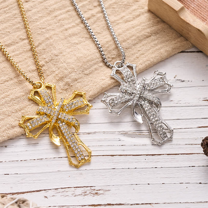 Luxe Jeweled Hollow Cross Box Chain Necklace: Icon of Quiet Heavenly Serenity