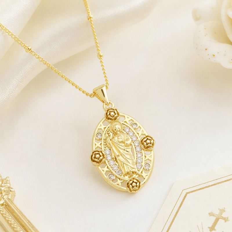 Devotion Inspired Enamel Copper St. Jude & Our Lady of Guadalupe Necklace