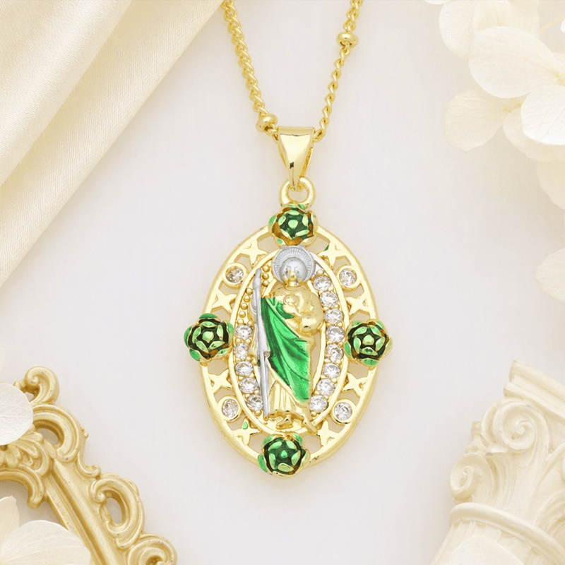 Devotion Inspired Enamel Copper St. Jude & Our Lady of Guadalupe Necklace