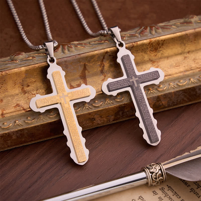 Curved Edge Prayer Verse Cross Necklace: Sacred Chest Marker of Heavenly Grace