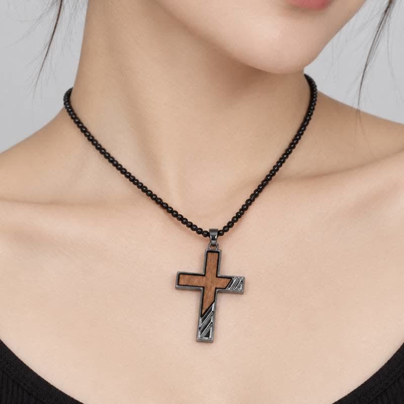 Sturdy Zinc Alloy Wood Cross Necklace: Heavenly Reminder for Daily Wear