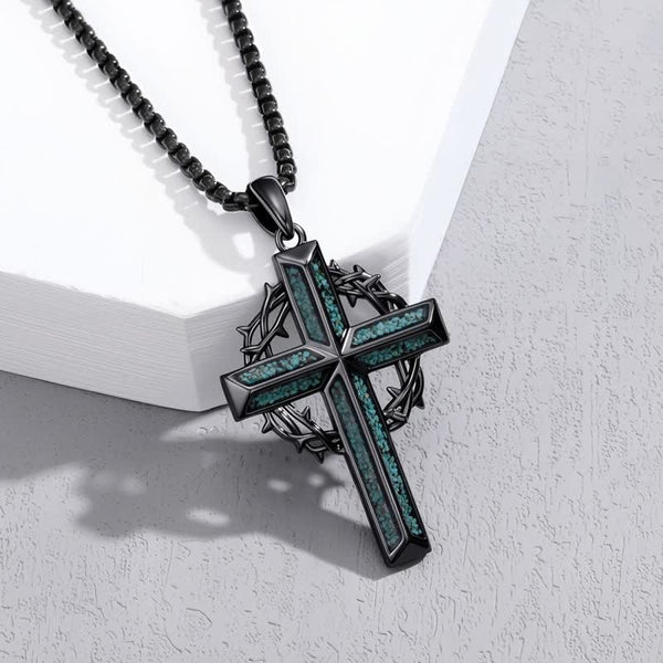 Textured Chip Stone Thorn Wreath Cross Necklace: Mark of Unwavering Hope