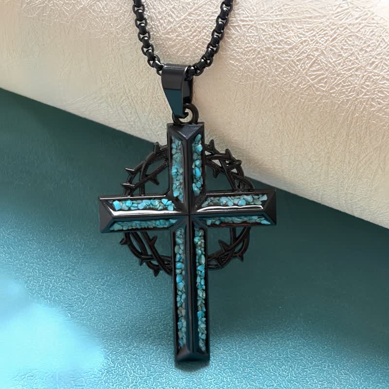 Textured Chip Stone Thorn Wreath Cross Necklace: Mark of Unwavering Hope