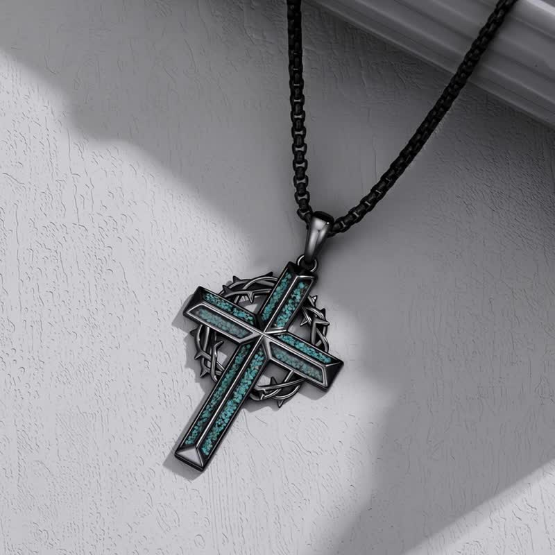 Textured Chip Stone Thorn Wreath Cross Necklace: Mark of Unwavering Hope