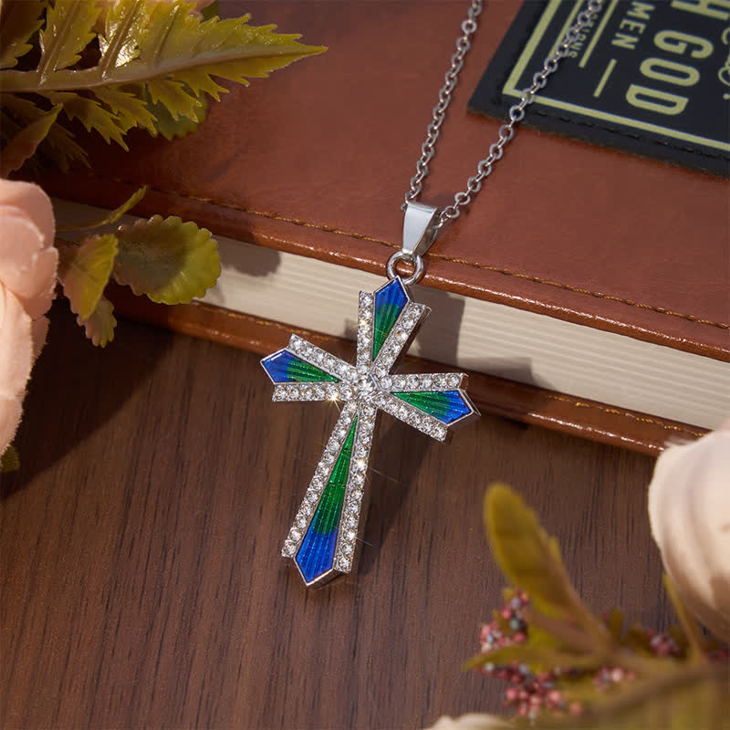 Iridescent Texture Rhinestone Alloy Cross Pendant Necklace