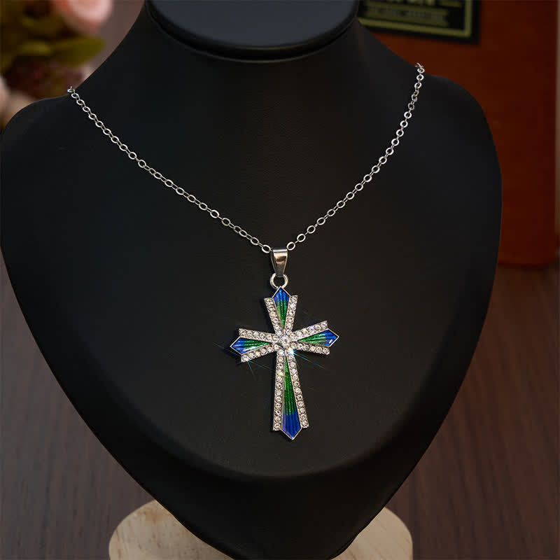 Iridescent Texture Rhinestone Alloy Cross Pendant Necklace