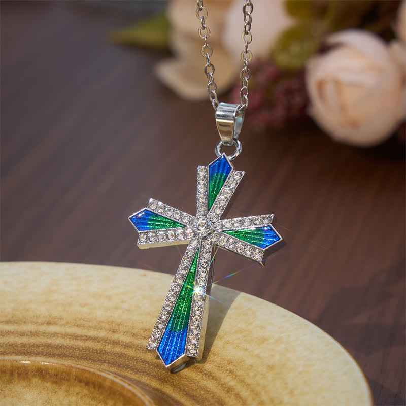 Iridescent Texture Rhinestone Alloy Cross Pendant Necklace