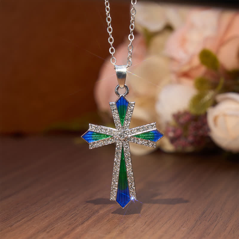 Iridescent Texture Rhinestone Alloy Cross Pendant Necklace
