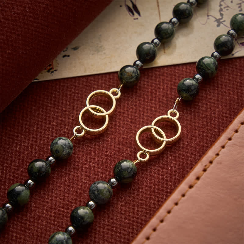 Forest Green Stone Bead Rosary with Sacred Double-Ring Links: Emblem of Marian Grace