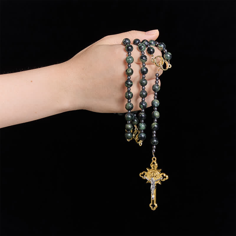 Forest Green Stone Bead Rosary with Sacred Double-Ring Links: Emblem of Marian Grace