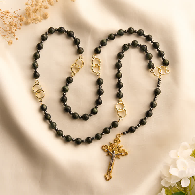 Forest Green Stone Bead Rosary with Sacred Double-Ring Links: Emblem of Marian Grace