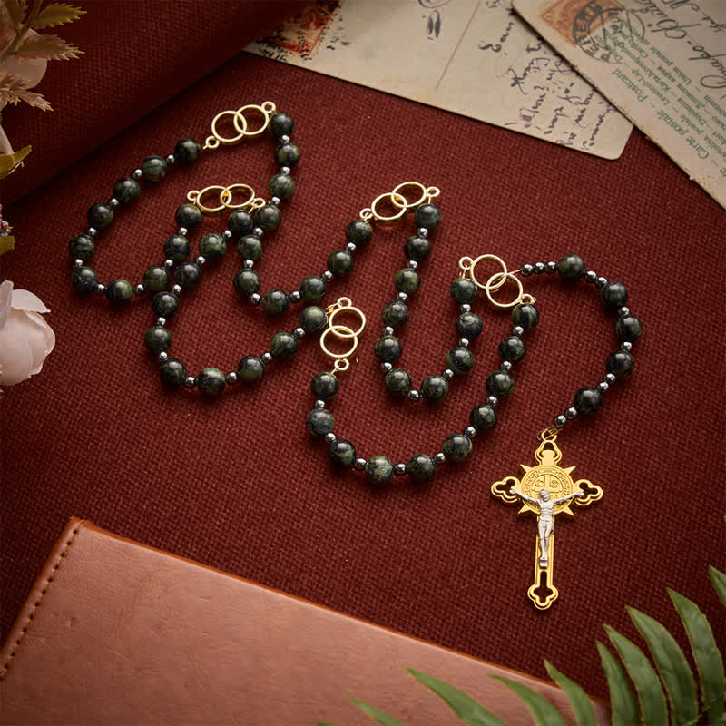 Forest Green Stone Bead Rosary with Sacred Double-Ring Links: Emblem of Marian Grace