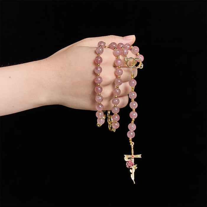 Natural Strawberry Quartz Rosary With Double Loop Links & Rose Crucifix