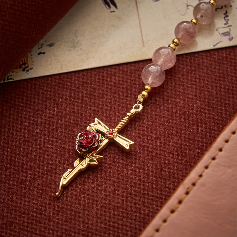 Natural Strawberry Quartz Rosary With Double Loop Links & Rose Crucifix