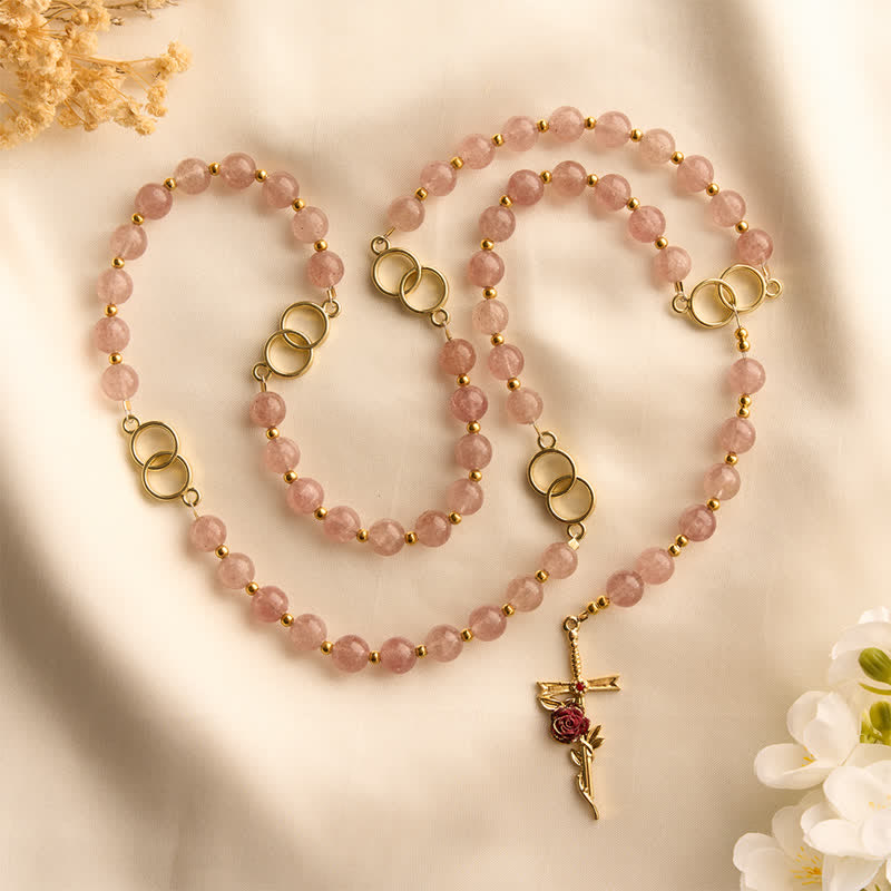 Natural Strawberry Quartz Rosary With Double Loop Links & Rose Crucifix