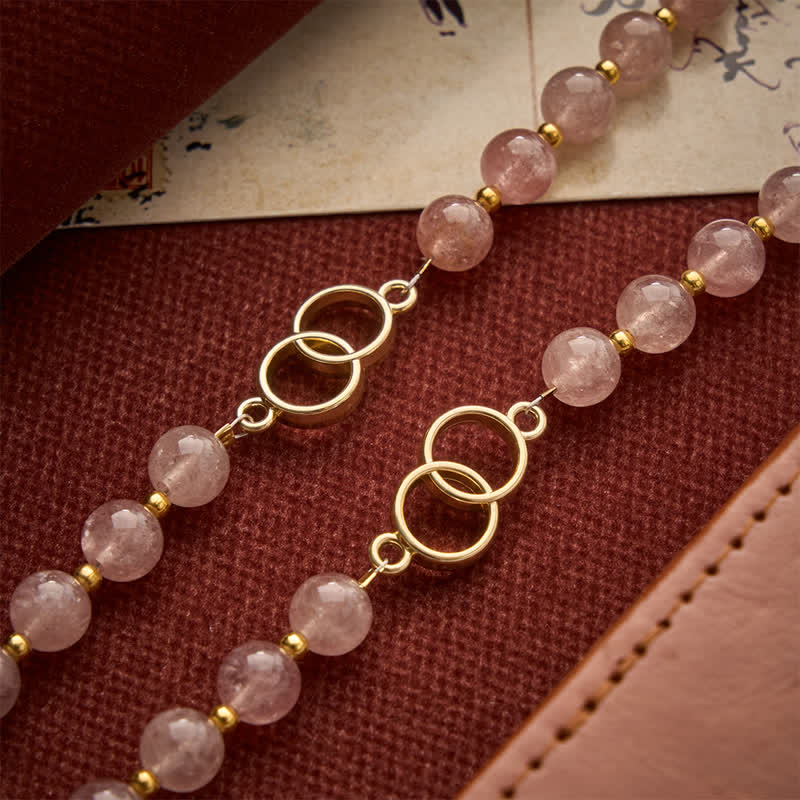 Natural Strawberry Quartz Rosary With Double Loop Links & Rose Crucifix