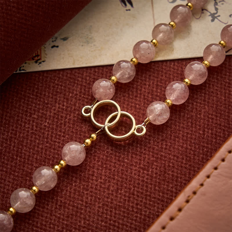 Natural Strawberry Quartz Rosary With Double Loop Links & Rose Crucifix