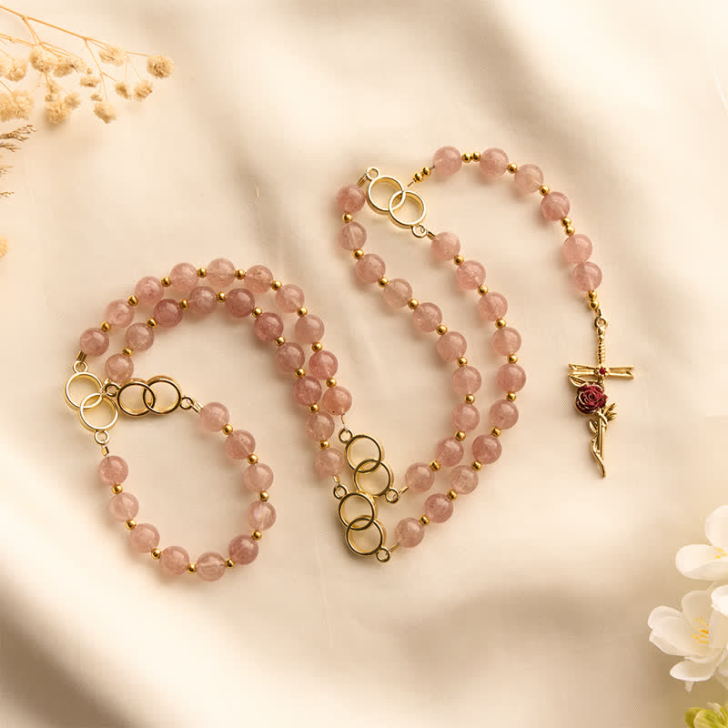 Natural Strawberry Quartz Rosary With Double Loop Links & Rose Crucifix