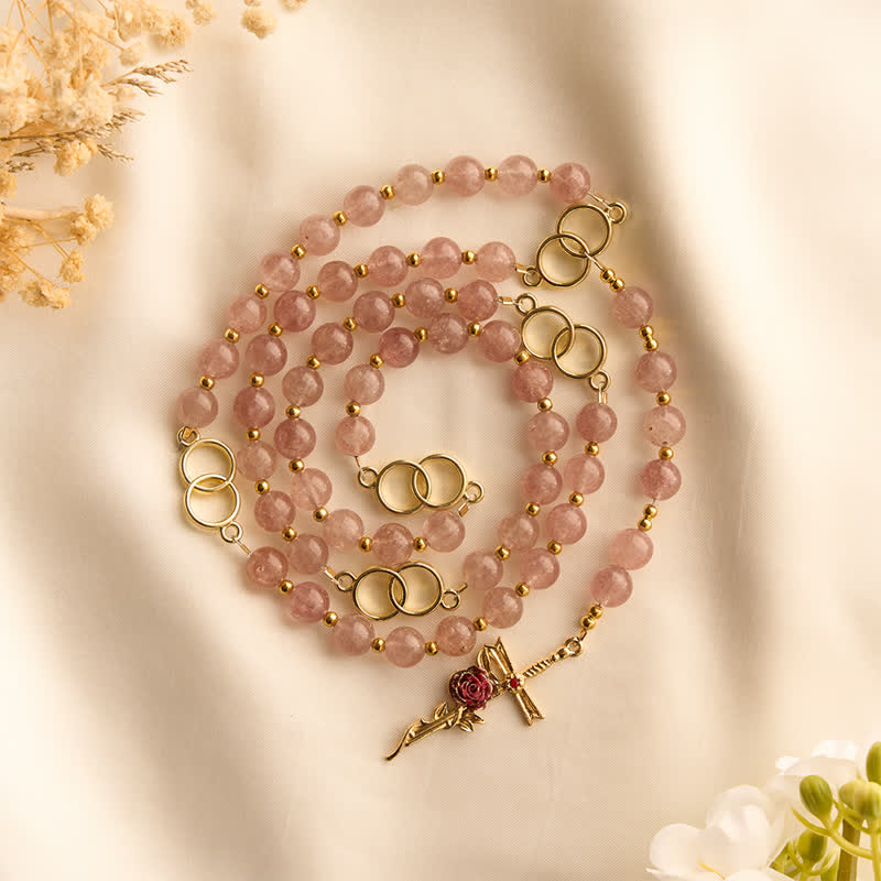 Natural Strawberry Quartz Rosary With Double Loop Links & Rose Crucifix