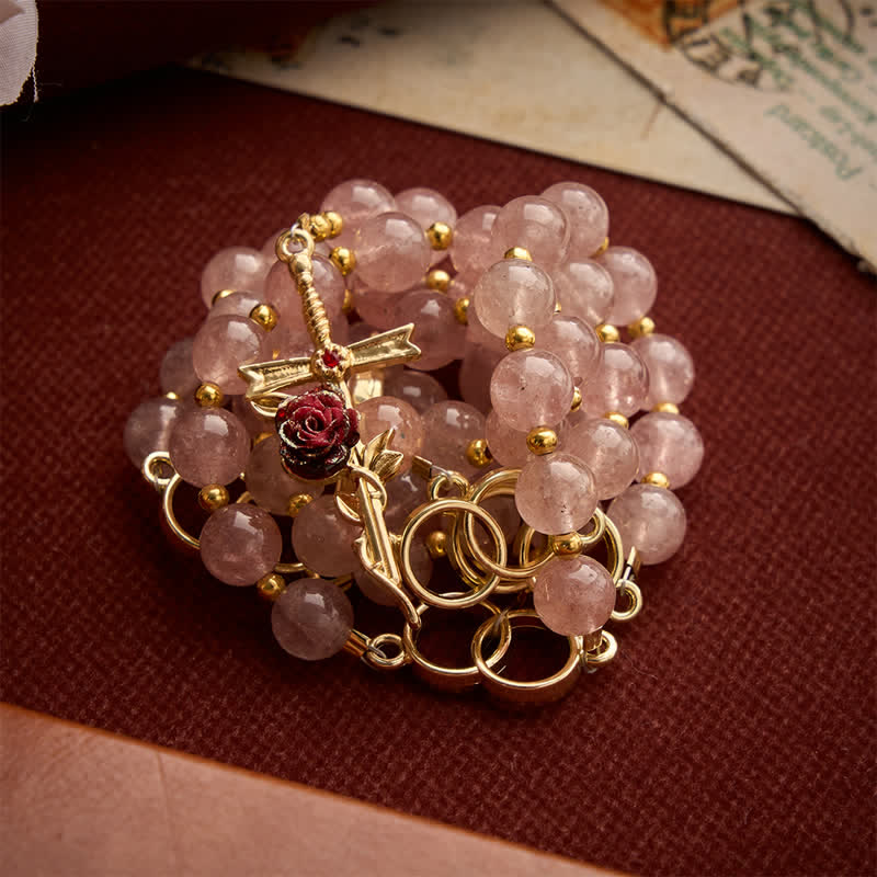 Natural Strawberry Quartz Rosary With Double Loop Links & Rose Crucifix