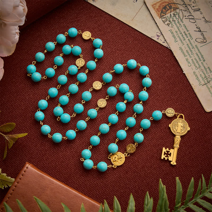 Vintage Turquoise Bead Rosary with St. Benedict Medallion Links & Sacred Key