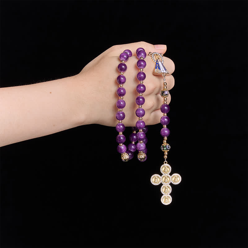 Rich Violet Glass Prayer Rosary with Floral Accent Beads & Our Lady of Aparecida Charm