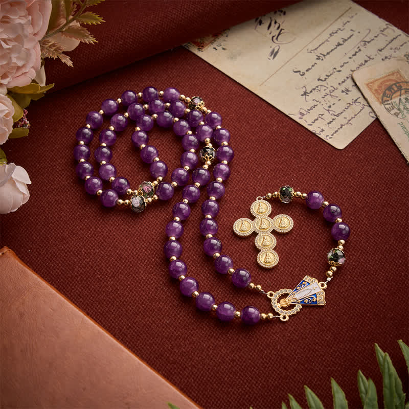 Rich Violet Glass Prayer Rosary with Floral Accent Beads & Our Lady of Aparecida Charm