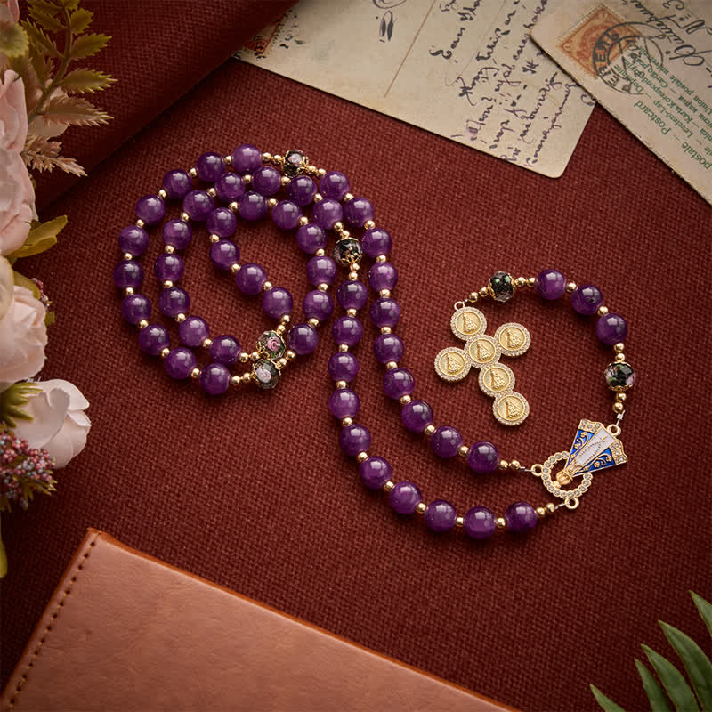 Rich Violet Glass Prayer Rosary with Floral Accent Beads & Our Lady of Aparecida Charm