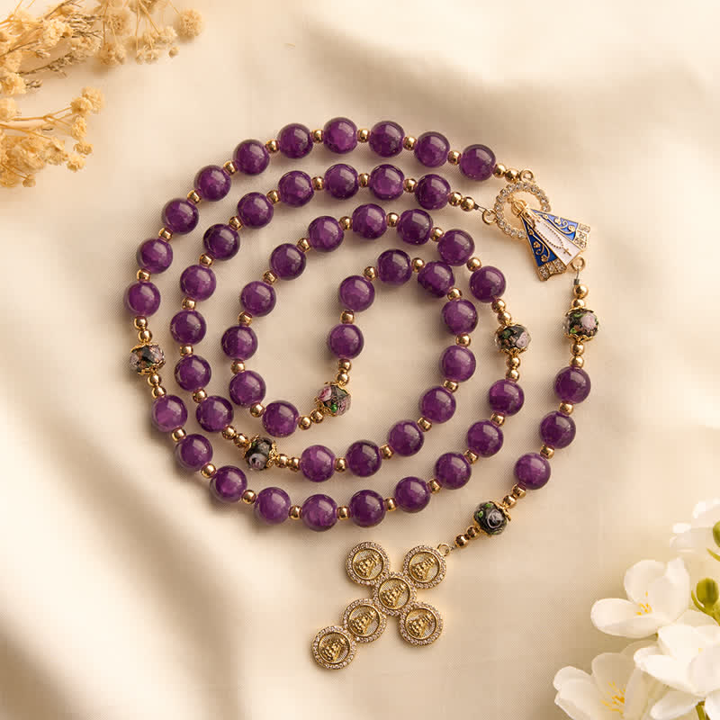 Rich Violet Glass Prayer Rosary with Floral Accent Beads & Our Lady of Aparecida Charm